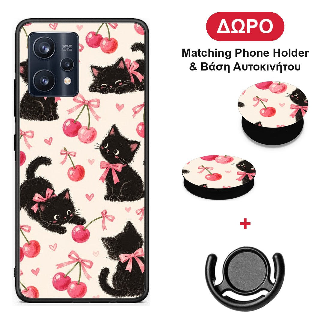 Black Kittens and Cherries on Cream - Realme 9 / 9 Pro+ 5G θήκη + Δώρο Phone Holder & Βάση Αυτοκινήτου