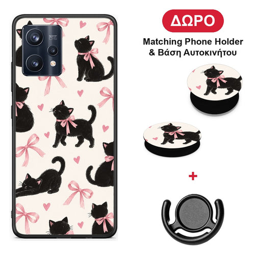 Black Kittens and Pink Bows on Cream Large - Realme 9 / 9 Pro+ 5G θήκη + Δώρο Phone Holder & Βάση Αυτοκινήτου