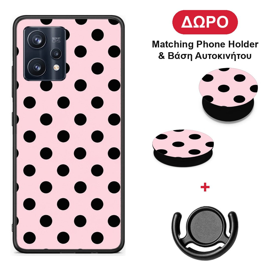 Black Polka Dots on Pink - Realme 9 / 9 Pro+ 5G θήκη + Δώρο Phone Holder & Βάση Αυτοκινήτου