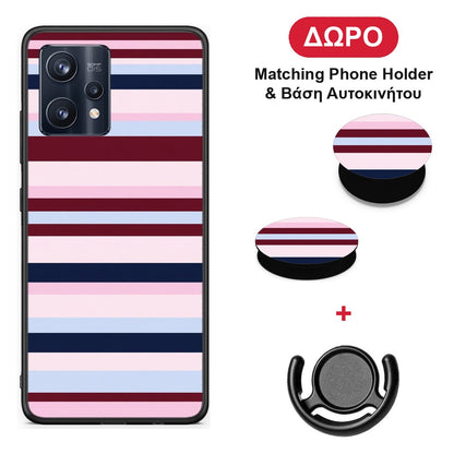 Burgundy Pink and Blue Horizontal Stripes - Realme 9 / 9 Pro+ 5G θήκη + Δώρο Phone Holder & Βάση Αυτοκινήτου