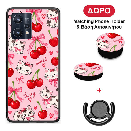 Cherries Bows and Kittens on Pink - Realme 9 / 9 Pro+ 5G θήκη + Δώρο Phone Holder & Βάση Αυτοκινήτου