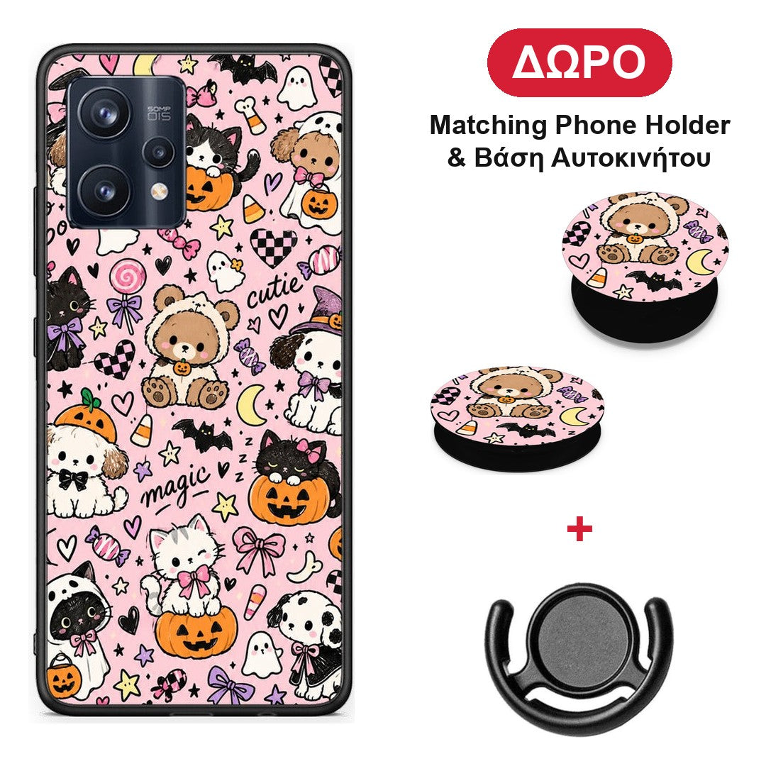Halloween Cute Animals on Pink - Realme 9 / 9 Pro+ 5G θήκη + Δώρο Phone Holder & Βάση Αυτοκινήτου