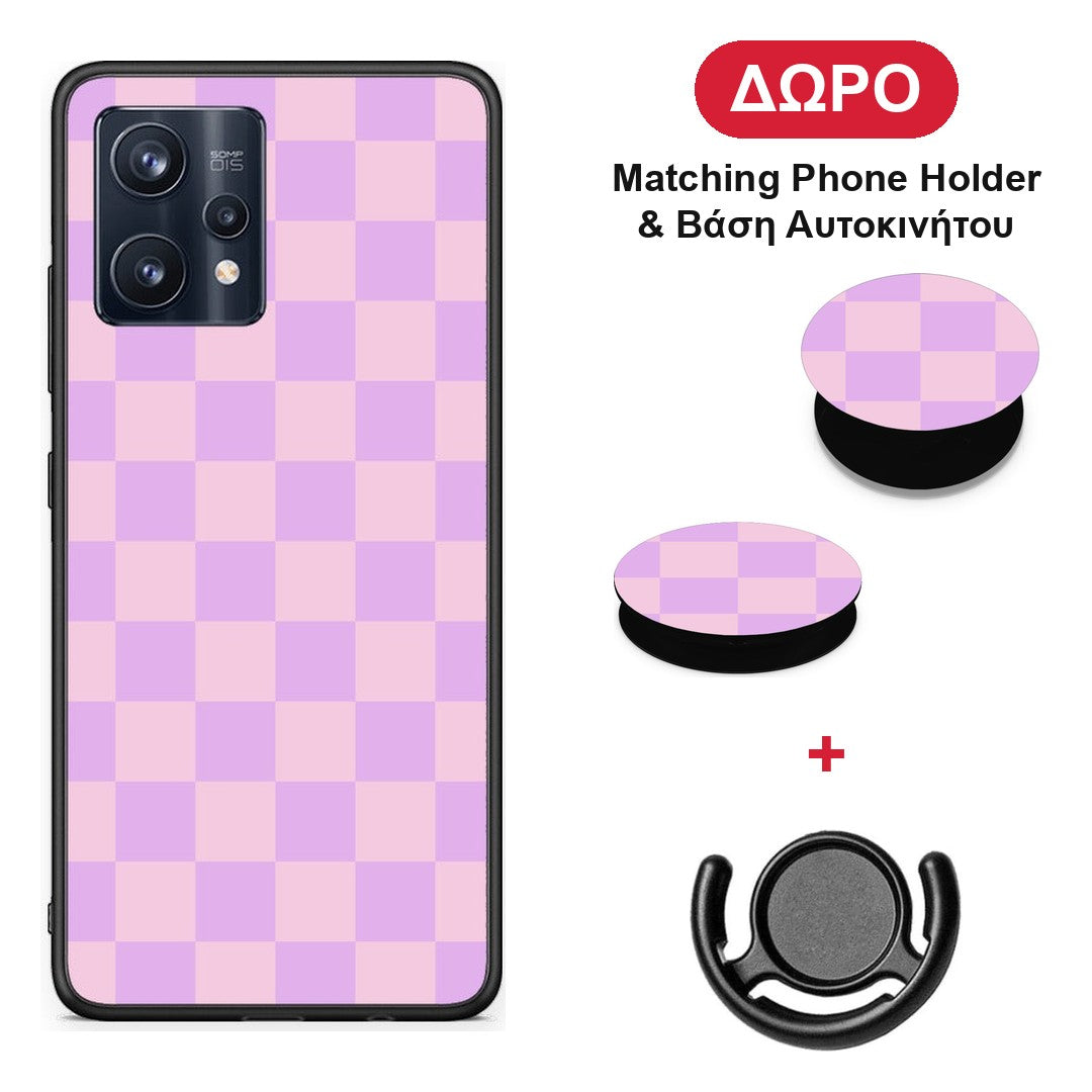 Lavender and Pink Checkerboard - Realme 9 / 9 Pro+ 5G θήκη + Δώρο Phone Holder & Βάση Αυτοκινήτου