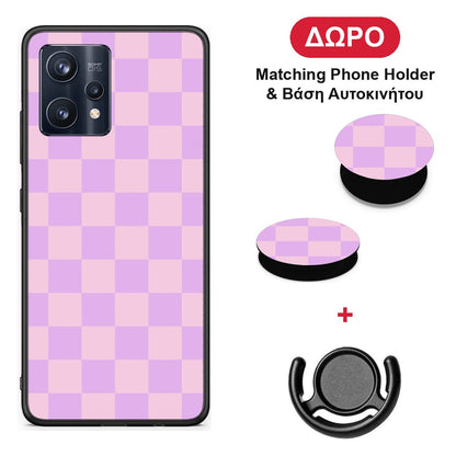 Lavender and Pink Checkerboard - Realme 9 / 9 Pro+ 5G θήκη + Δώρο Phone Holder & Βάση Αυτοκινήτου