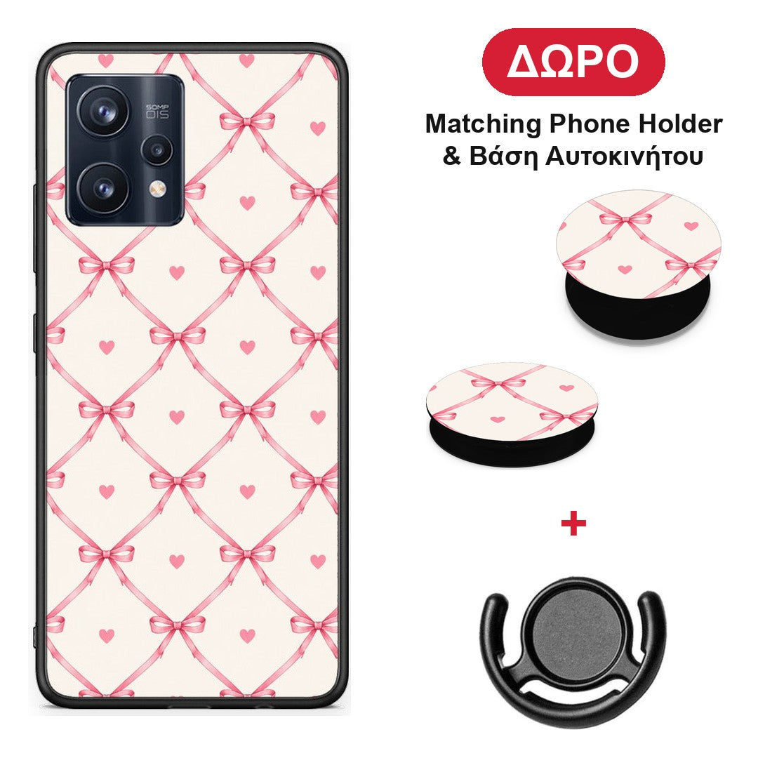 Pink Bow Lattice and Hearts on Cream - Realme 9 / 9 Pro+ 5G θήκη + Δώρο Phone Holder & Βάση Αυτοκινήτου