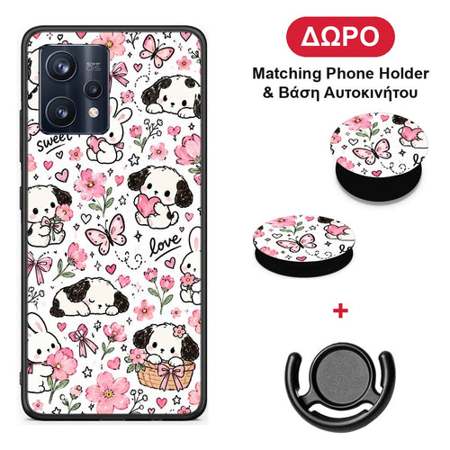 Pink Florals Puppies and Bunnies on White - Realme 9 / 9 Pro+ 5G θήκη + Δώρο Phone Holder & Βάση Αυτοκινήτου