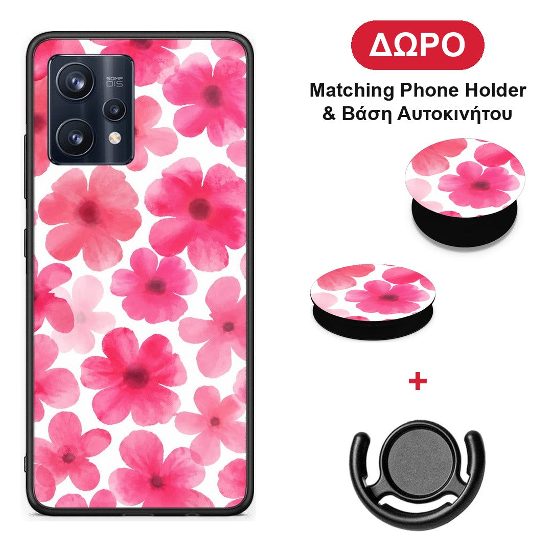 Pink Watercolour Flowers on White - Realme 9 / 9 Pro+ 5G θήκη + Δώρο Phone Holder & Βάση Αυτοκινήτου