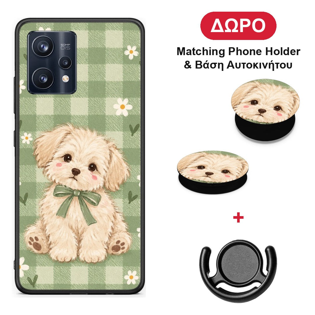 Puppy and Daisies on Sage Gingham - Realme 9 / 9 Pro+ 5G θήκη + Δώρο Phone Holder & Βάση Αυτοκινήτου