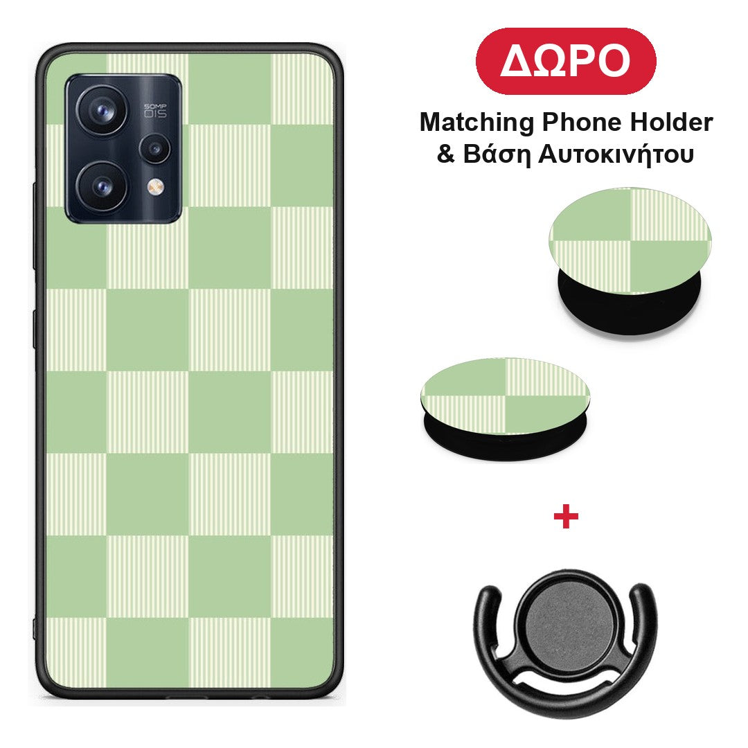 Sage and Cream Striped Checks - Realme 9 / 9 Pro+ 5G θήκη + Δώρο Phone Holder & Βάση Αυτοκινήτου