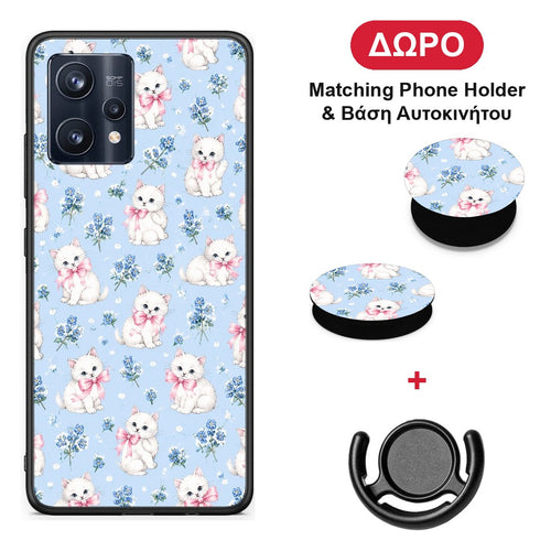 White Kittens and Blue Flowers Small - Realme 9 / 9 Pro+ 5G θήκη + Δώρο Phone Holder & Βάση Αυτοκινήτου