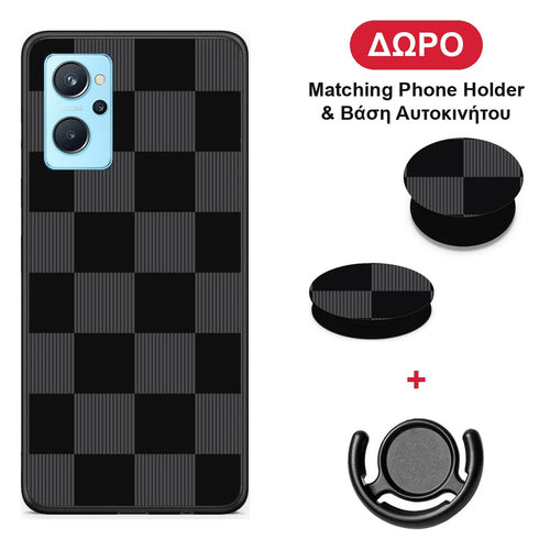 Black and Charcoal Striped Checks - Realme 9i θήκη + Δώρο Phone Holder & Βάση Αυτοκινήτου