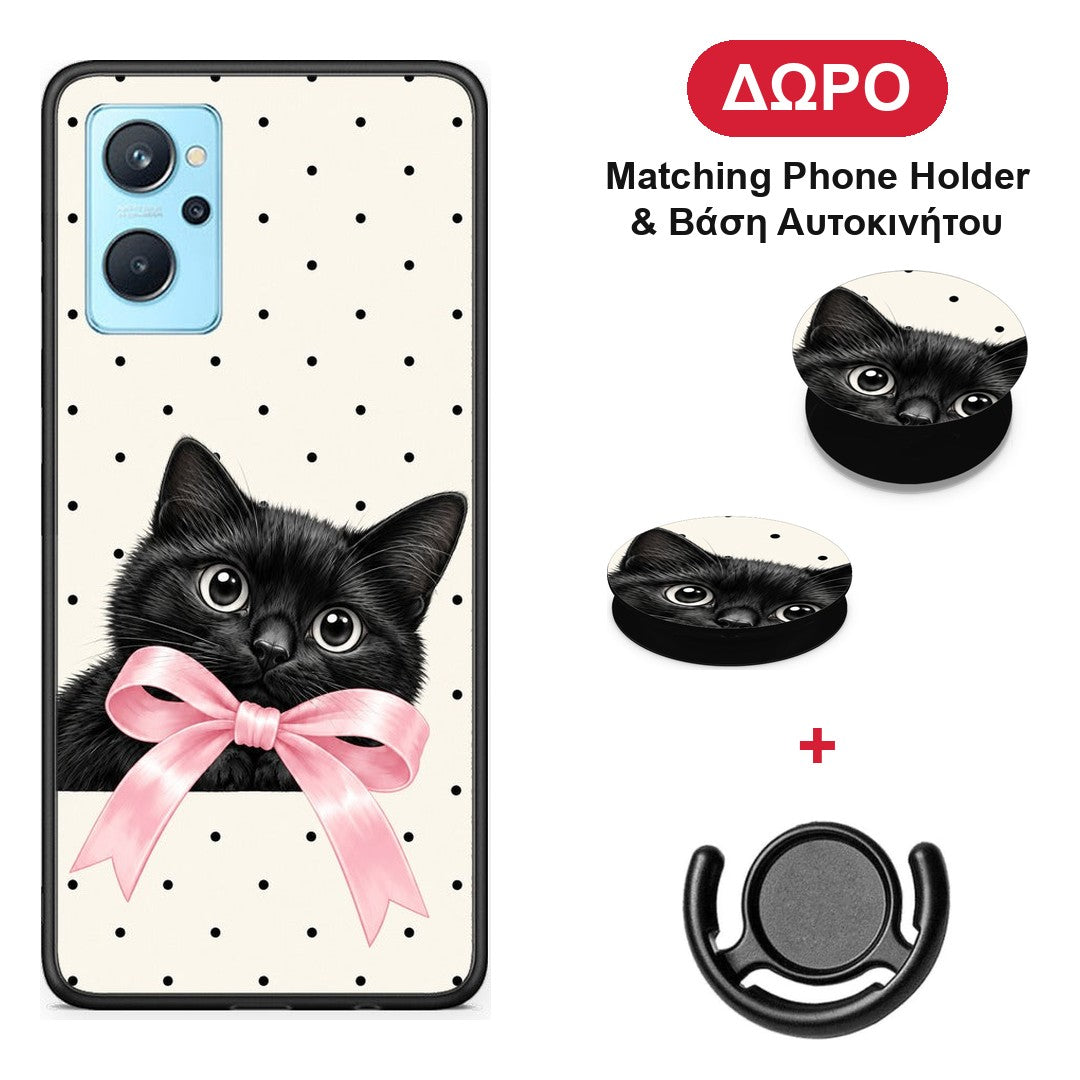Black Kitten Pink Bow and Polka Dots - Realme 9i θήκη + Δώρο Phone Holder & Βάση Αυτοκινήτου