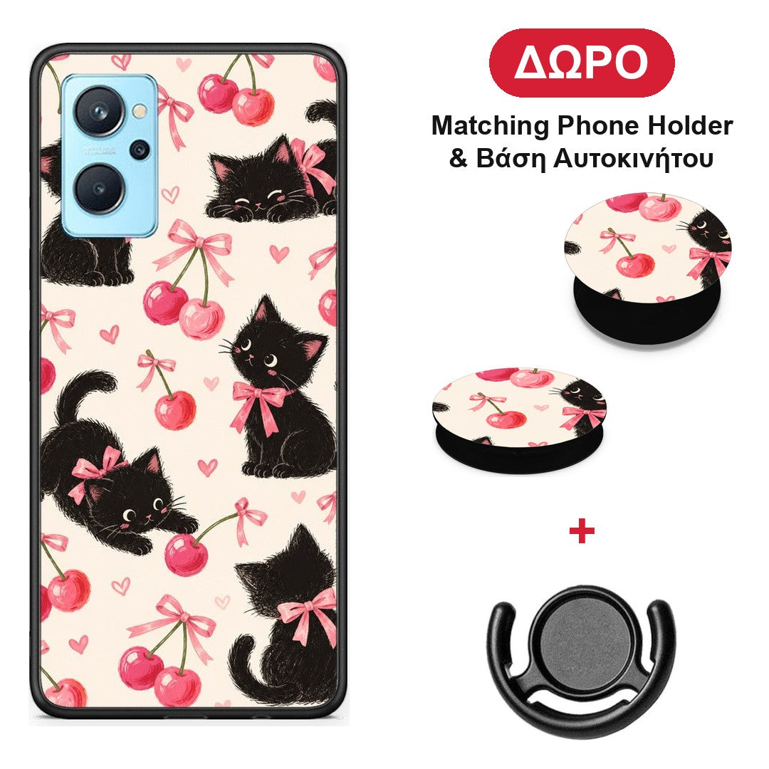 Black Kittens and Cherries on Cream - Realme 9i θήκη + Δώρο Phone Holder & Βάση Αυτοκινήτου