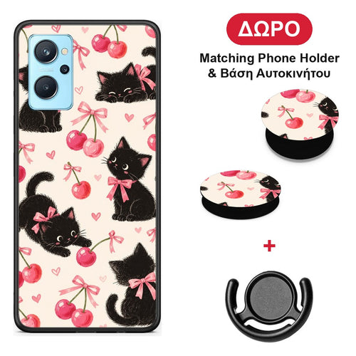 Black Kittens and Cherries on Cream - Realme 9i θήκη + Δώρο Phone Holder & Βάση Αυτοκινήτου