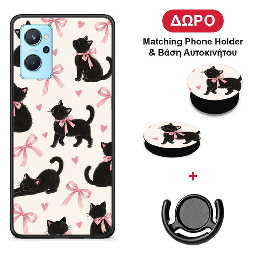 Black Kittens and Pink Bows on Cream Large - Realme 9i θήκη + Δώρο Phone Holder & Βάση Αυτοκινήτου