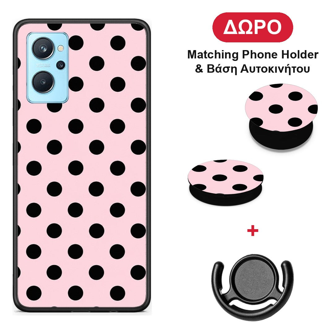 Black Polka Dots on Pink - Realme 9i θήκη + Δώρο Phone Holder & Βάση Αυτοκινήτου