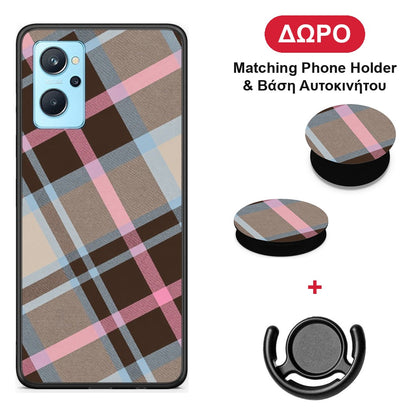 Brown Pink and Blue Diagonal Plaid - Realme 9i θήκη + Δώρο Phone Holder & Βάση Αυτοκινήτου