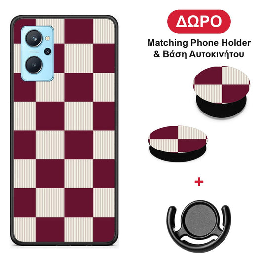 Burgundy and Cream Striped Checks - Realme 9i θήκη + Δώρο Phone Holder & Βάση Αυτοκινήτου