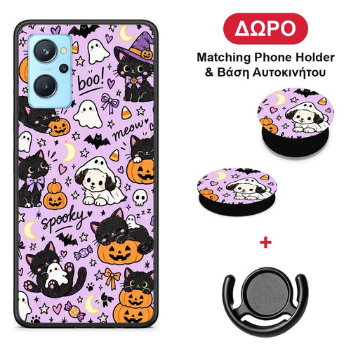 Halloween Black Cats on Lilac - Realme 9i θήκη + Δώρο Phone Holder & Βάση Αυτοκινήτου