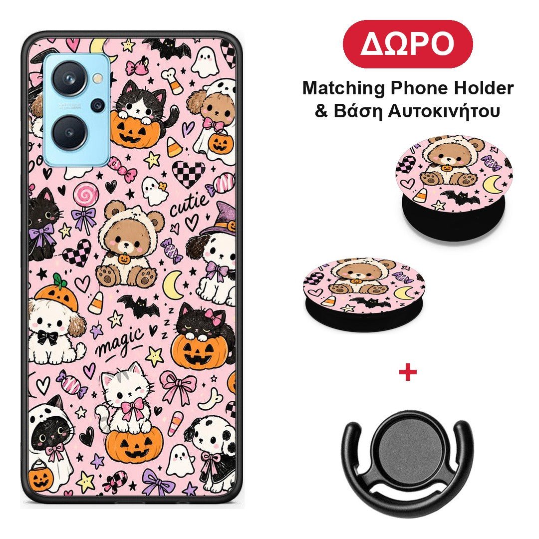 Halloween Cute Animals on Pink - Realme 9i θήκη + Δώρο Phone Holder & Βάση Αυτοκινήτου