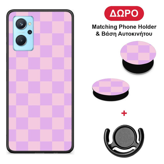 Lavender and Pink Checkerboard - Realme 9i θήκη + Δώρο Phone Holder & Βάση Αυτοκινήτου
