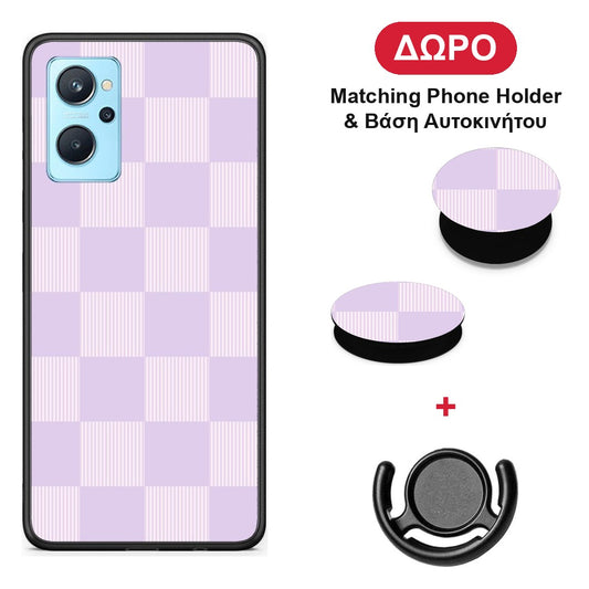 Lilac and Cream Striped Checks - Realme 9i θήκη + Δώρο Phone Holder & Βάση Αυτοκινήτου