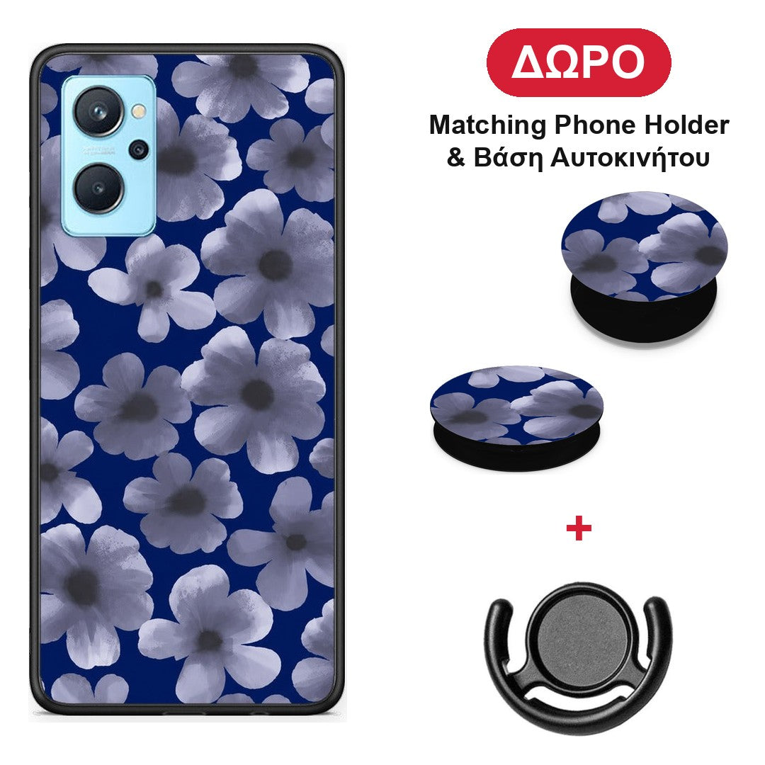 Pale Blue Flowers on Navy - Realme 9i θήκη + Δώρο Phone Holder & Βάση Αυτοκινήτου
