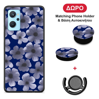 Pale Blue Flowers on Navy - Realme 9i θήκη + Δώρο Phone Holder & Βάση Αυτοκινήτου