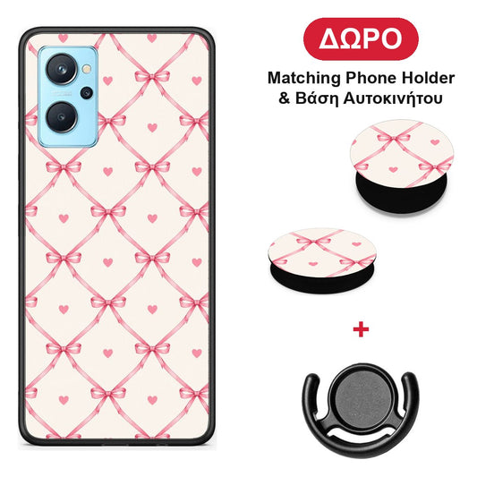 Pink Bow Lattice and Hearts on Cream - Realme 9i θήκη + Δώρο Phone Holder & Βάση Αυτοκινήτου