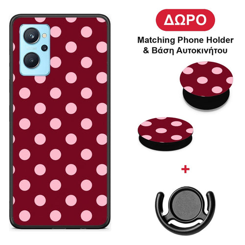 Pink Polka Dots on Burgundy - Realme 9i θήκη + Δώρο Phone Holder & Βάση Αυτοκινήτου