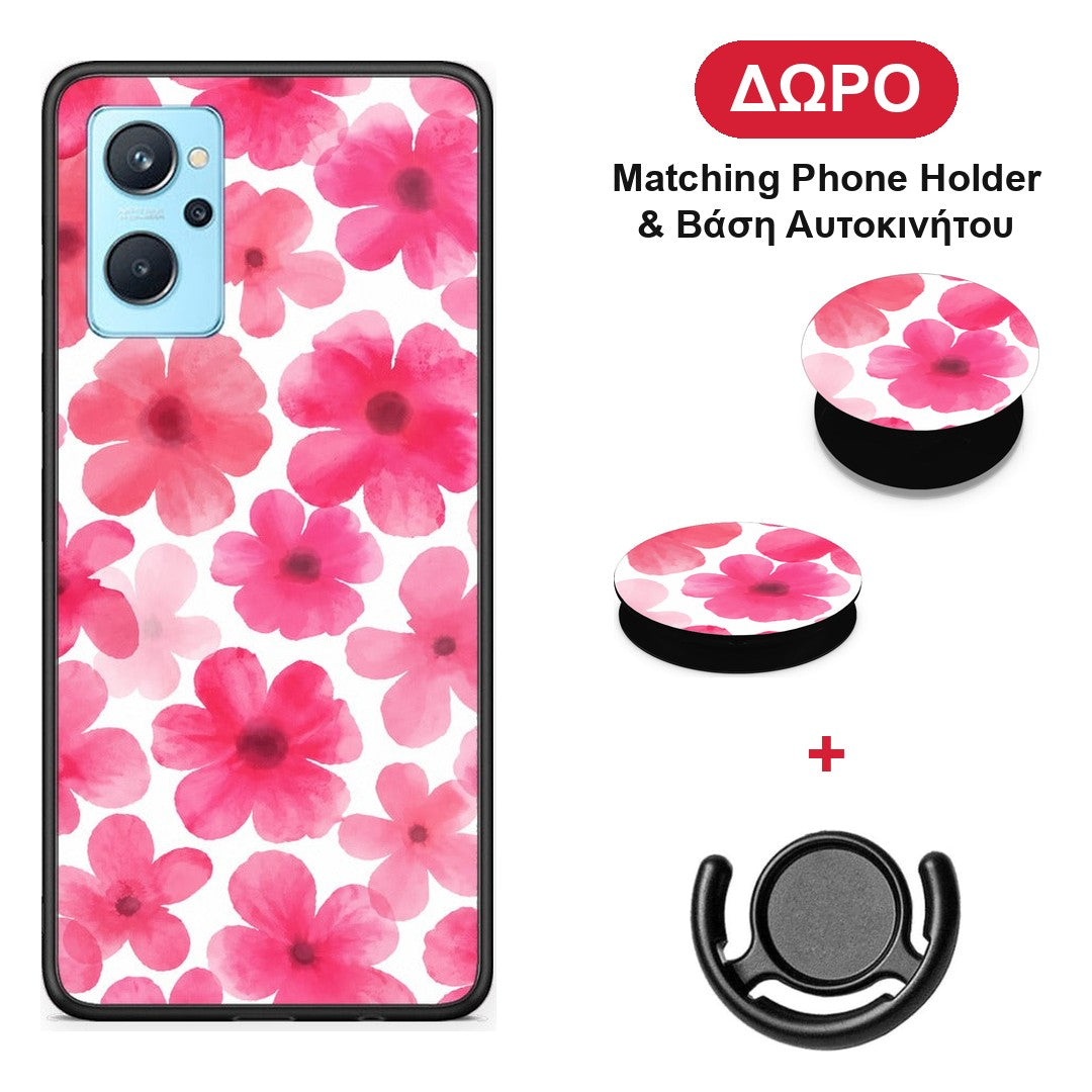 Pink Watercolour Flowers on White - Realme 9i θήκη + Δώρο Phone Holder & Βάση Αυτοκινήτου