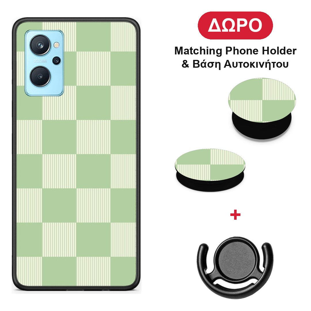 Sage and Cream Striped Checks - Realme 9i θήκη + Δώρο Phone Holder & Βάση Αυτοκινήτου