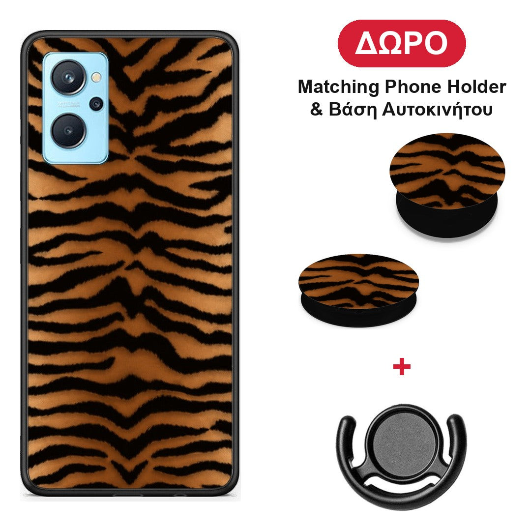 Tiger Print Orange and Black - Realme 9i θήκη + Δώρο Phone Holder & Βάση Αυτοκινήτου