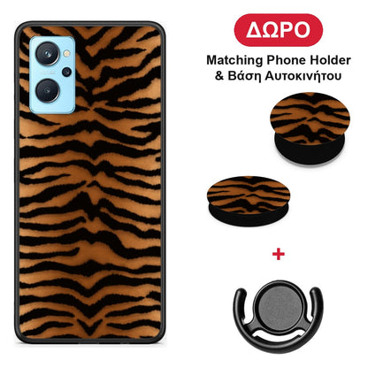 Tiger Print Orange and Black - Realme 9i θήκη + Δώρο Phone Holder & Βάση Αυτοκινήτου