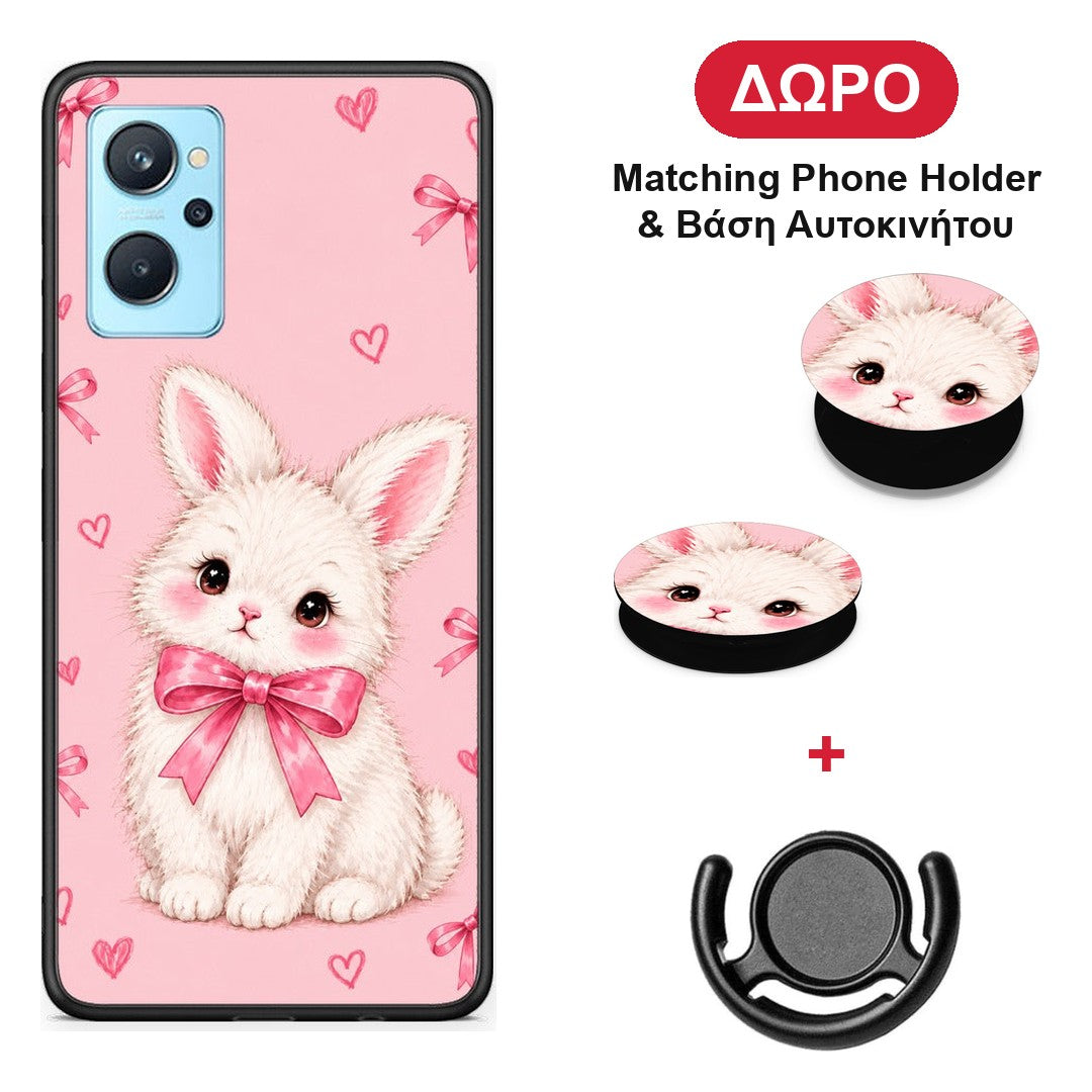 White Bunny and Pink Bows - Realme 9i θήκη + Δώρο Phone Holder & Βάση Αυτοκινήτου