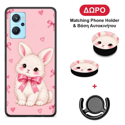 White Bunny and Pink Bows - Realme 9i θήκη + Δώρο Phone Holder & Βάση Αυτοκινήτου