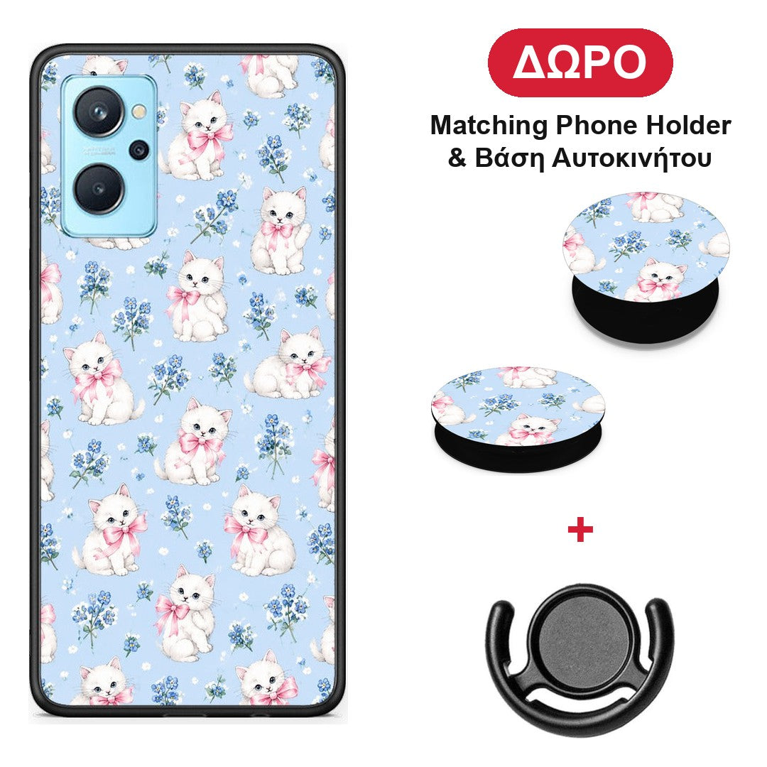 White Kittens and Blue Flowers Small - Realme 9i θήκη + Δώρο Phone Holder & Βάση Αυτοκινήτου