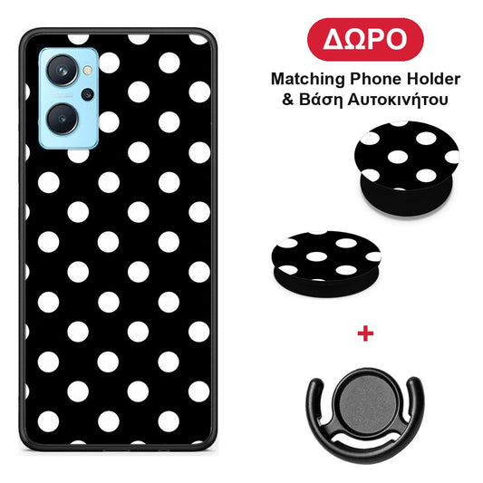 White Polka Dots on Black - Realme 9i θήκη + Δώρο Phone Holder & Βάση Αυτοκινήτου