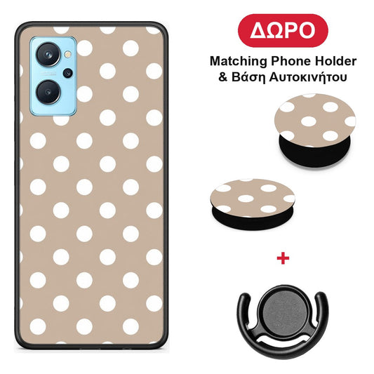 White Polka Dots on Taupe - Realme 9i θήκη + Δώρο Phone Holder & Βάση Αυτοκινήτου