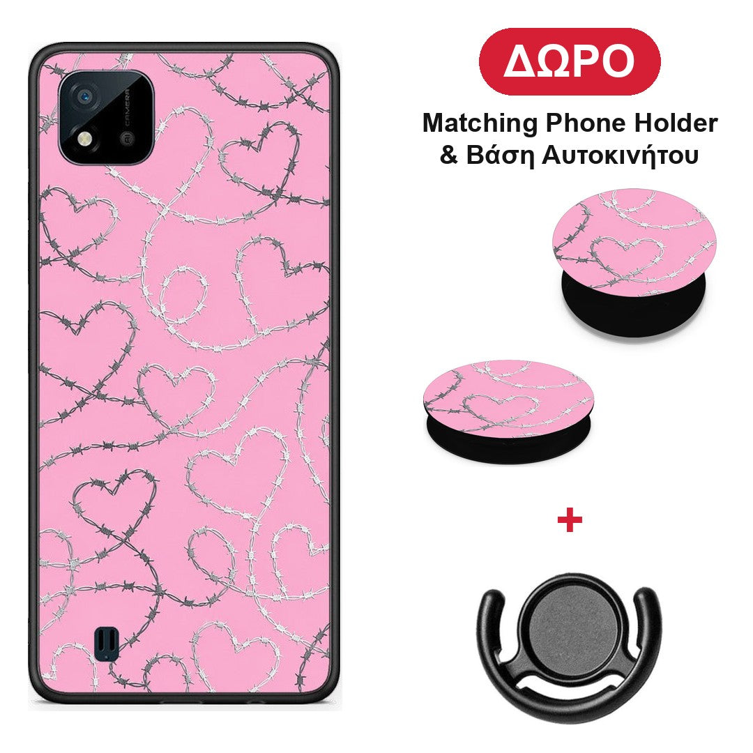 Barbed Wire Hearts on Pink - Realme C11 2021 / C20 θήκη + Δώρο Phone Holder & Βάση Αυτοκινήτου