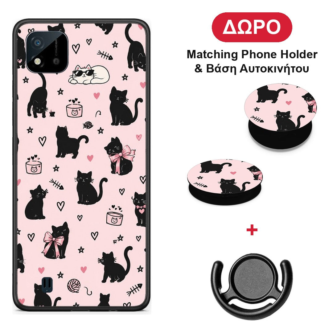 Black Cat Doodles on Pink - Realme C11 2021 / C20 θήκη + Δώρο Phone Holder & Βάση Αυτοκινήτου