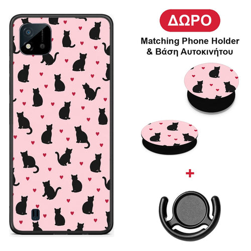 Black Cat Silhouettes and Hearts on Pink - Realme C11 2021 / C20 θήκη + Δώρο Phone Holder & Βάση Αυτοκινήτου