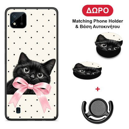 Black Kitten Pink Bow and Polka Dots - Realme C11 2021 / C20 θήκη + Δώρο Phone Holder & Βάση Αυτοκινήτου