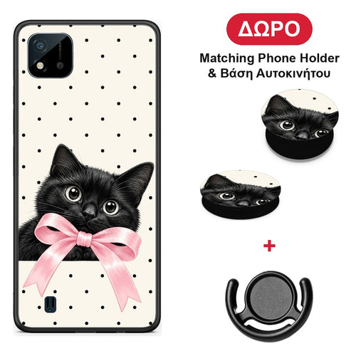 Black Kitten Pink Bow and Polka Dots - Realme C11 2021 / C20 θήκη + Δώρο Phone Holder & Βάση Αυτοκινήτου
