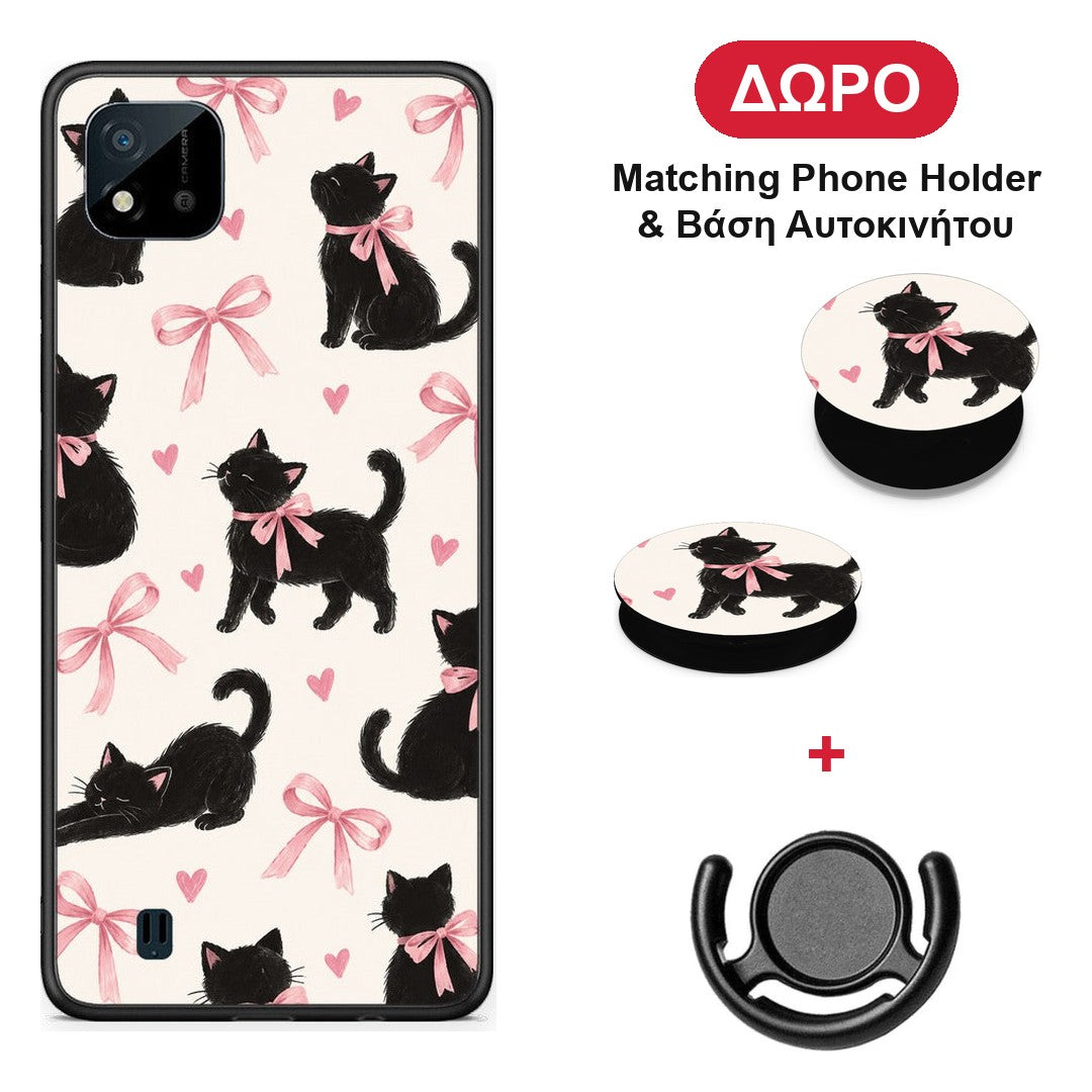 Black Kittens and Pink Bows on Cream Large - Realme C11 2021 / C20 θήκη + Δώρο Phone Holder & Βάση Αυτοκινήτου