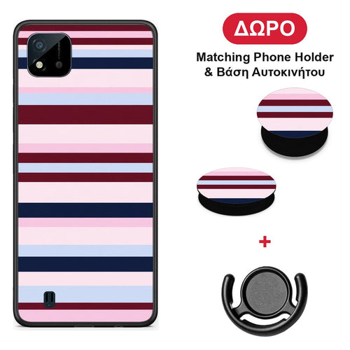 Burgundy Pink and Blue Horizontal Stripes - Realme C11 2021 / C20 θήκη + Δώρο Phone Holder & Βάση Αυτοκινήτου