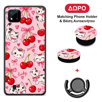 Cherries Bows and Kittens on Pink - Realme C11 2021 / C20 θήκη + Δώρο Phone Holder & Βάση Αυτοκινήτου
