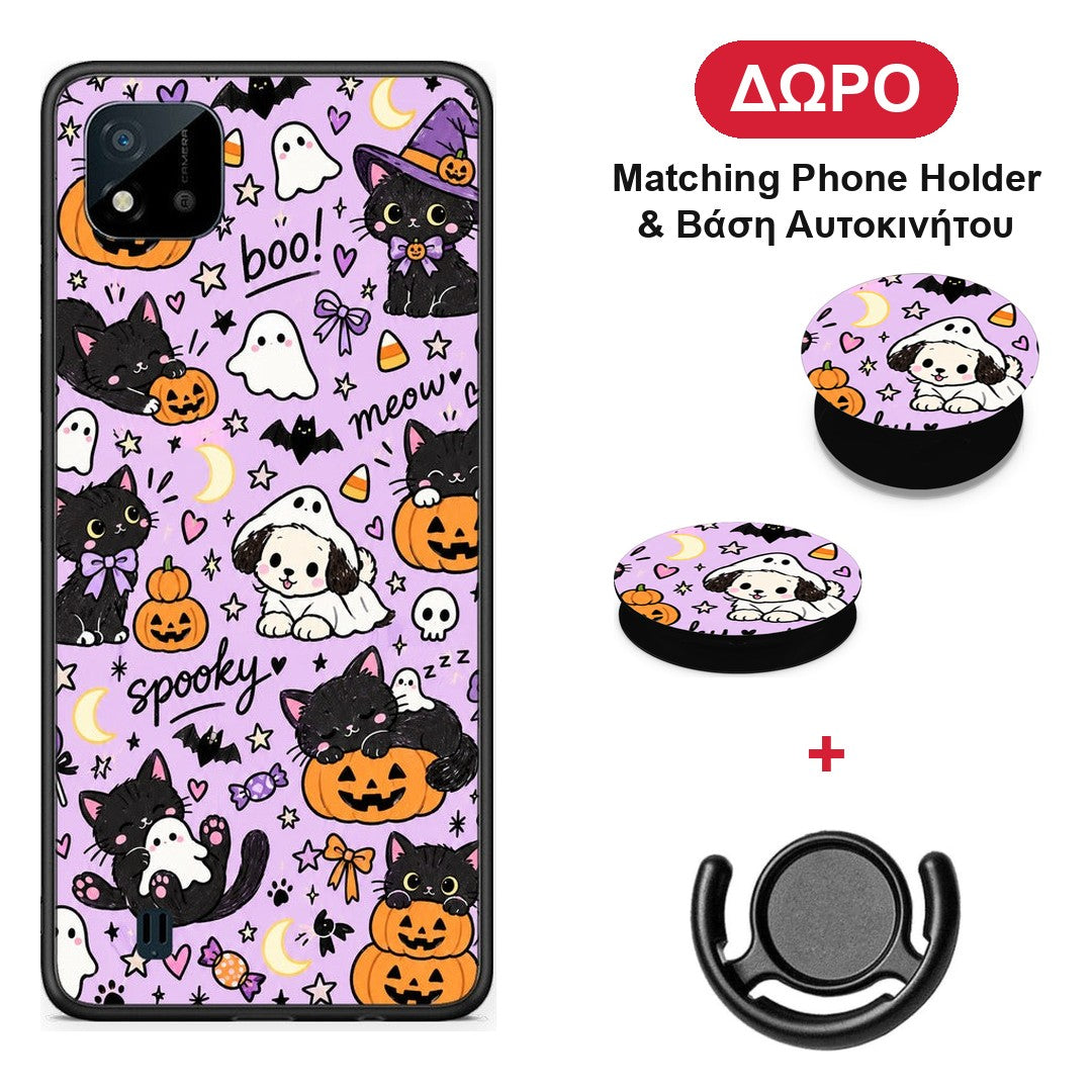 Halloween Black Cats on Lilac - Realme C11 2021 / C20 θήκη + Δώρο Phone Holder & Βάση Αυτοκινήτου