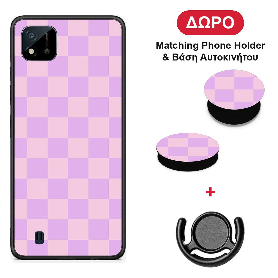 Lavender and Pink Checkerboard - Realme C11 2021 / C20 θήκη + Δώρο Phone Holder & Βάση Αυτοκινήτου