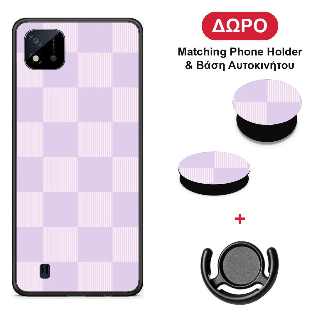 Lilac and Cream Striped Checks - Realme C11 2021 / C20 θήκη + Δώρο Phone Holder & Βάση Αυτοκινήτου